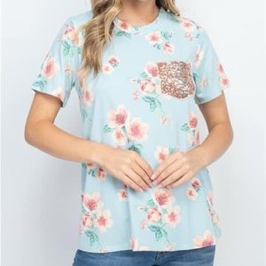 Perfect Peach Floral Top with Sequin Pocket